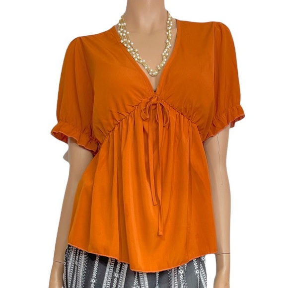 Shein Curve Plus Surplice Neck Puff Sleeve Peplum Top Rust Sexy V Neck - Picture 8 of 16